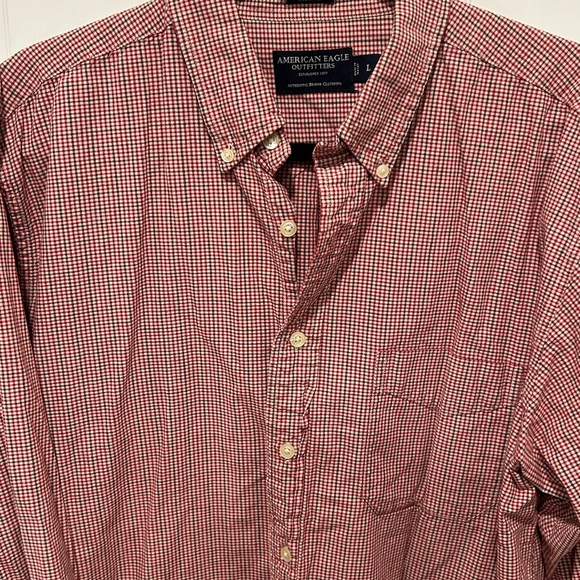 American Eagle Mens Chambray Shirt Red Brown Plaid Long Sleeve Button Down L - Picture 1 of 4